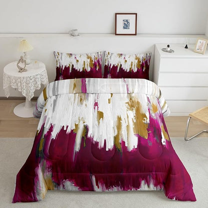 Erosebridal Abstract Graffiti Comforter Full Hot Pink Bedding Set for Girls Women, Oil Painting Gradient Down Comforter Modern Artwork Bed Set, Ombre Brush Strokes Quilted Duvet