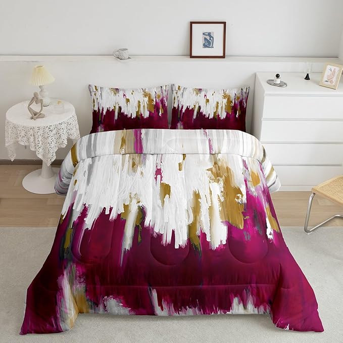 Erosebridal Abstract Graffiti Bedding King Hot Pink Comforter Set for Girls Women, Oil Painting Gradient Duvet Insert Modern Artwork Down Comforter, Ombre Brush Strokes Bedding Comforter Sets