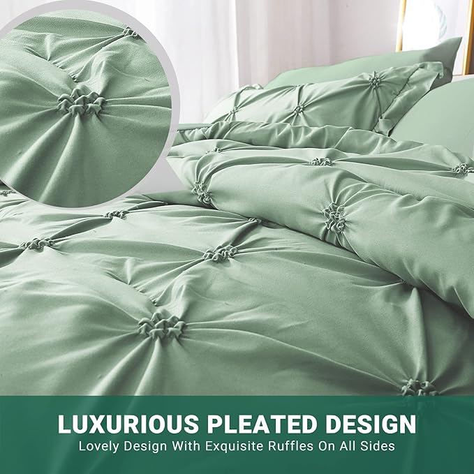 JOLLYVOGUE Green Twin Size Comforter Sets 5 Pieces, Pintuck Bed in a Bag Comforter Set for Bedroom, Bedding Comforter Sets with Comforter, Sheets,Ruffled Shams & Pillowcases