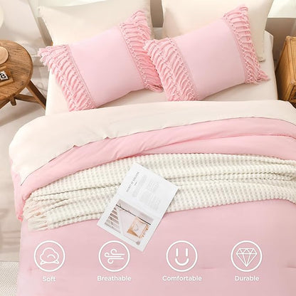 Andency Queen Comforter Set Light Pink, 3 Pieces Boho Lightweight Fall Bedding Comforter Sets, Tassel Bed Set (90x90In Comforter & 2 Pillowcases)