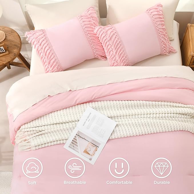 Andency Light Pink Comforter Set California King, 3 Pieces Boho Cal King Tassel Lightweight Soft Bedding Comforter Sets, Oversized Bed Set (104x96In Comforter & 2 Pillowcases)