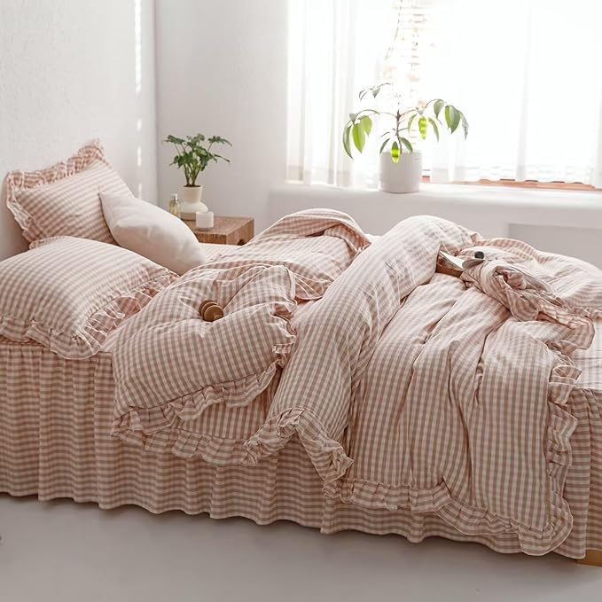 mixinni Vintage Pink Gingham Ruffle Comforter Set 3-Piece Washed Cotton Twin XL Size Grid Bedding Set with Geometric Checkered Pattern, Farmhouse Chic Soft Fluffy Comforter for All-Season