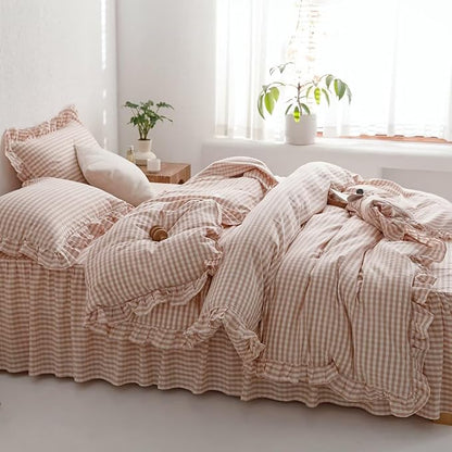 mixinni Vintage Pink Gingham Ruffle Comforter Set 3-Piece Washed Cotton King Size Grid Bedding Set with Geometric Checkered Pattern, Farmhouse Chic Soft Fluffy Comforter for All-Season
