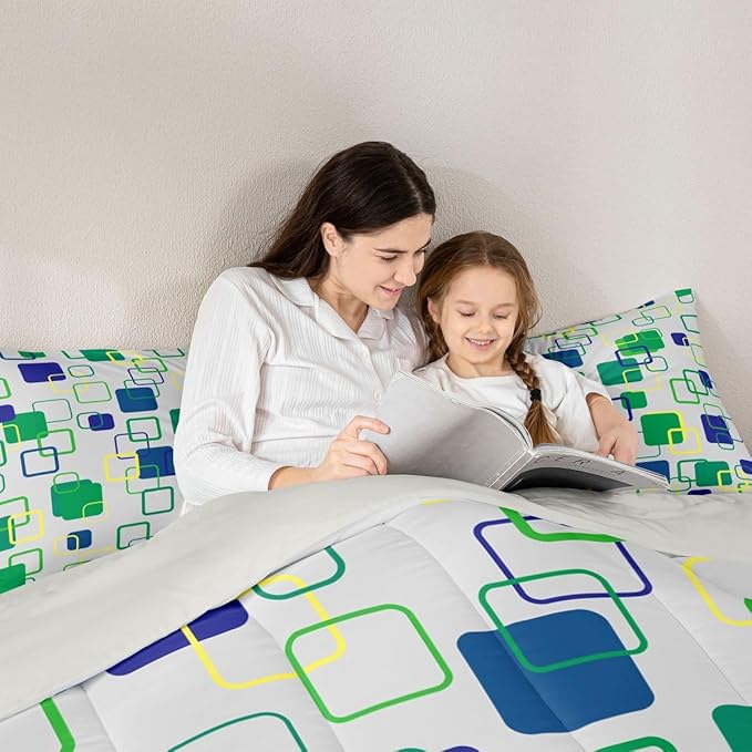 Erosebridal Green Geometric Comforter Set Queen Abstract Minimalist Square Bedding Set Modern Aesthetic Stripes Comforter for Kids Girls Boys Color Block Grid Quilt Duvet