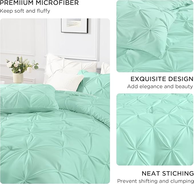 Andency California King Comforter Set Mint Green (104x96Inch), Pinch Pleat Cal King Comforter Set 3 Pieces, Oversized King Pintuck Bed Comforter, Microfiber Down Alternative Comforter Bedding Set