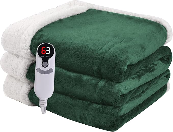 Heated Blanket Electric Throw Size 50''x60'' with 9 Heating Levels, 1-10 Hour Auto Shut Off, Machine Washable, Flannel & Sherpa Double-Sided Soft Warming Blanket for Couch, Bed, Office - Grass Green