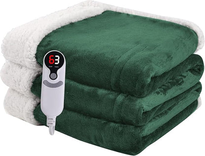 Heated Blanket Electric Throw Size 50''x60'' with 9 Heating Levels, 1-10 Hour Auto Shut Off, Machine Washable, Flannel & Sherpa Double-Sided Soft Warming Blanket for Couch, Bed, Office - Grass Green