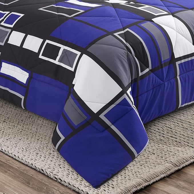 ARTALL Microfiber 2 Pieces Comforter Set Blue Gray Black Plaid Pattern Lightweight Bedding Set, Twin Size with 1 Sham