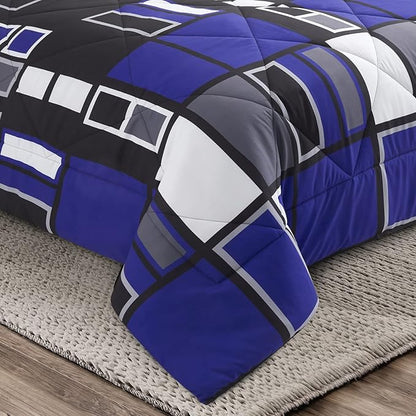 ARTALL Microfiber 3 Pieces Comforter Set Blue Gray Black Plaid Pattern Lightweight Bedding Set, King Size with 2 Shams