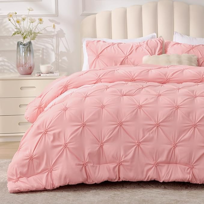 BEDELITE Pink Queen Comforter Set - 3 Pieces Boho Pintuck Bedding Comforter Sets, Lightweight Soft & Warm Bed Comforter with 2 Pillowcases for All Season,Valentines Day | Valentines Day, Multiple color, Modern Comforter, High Quality