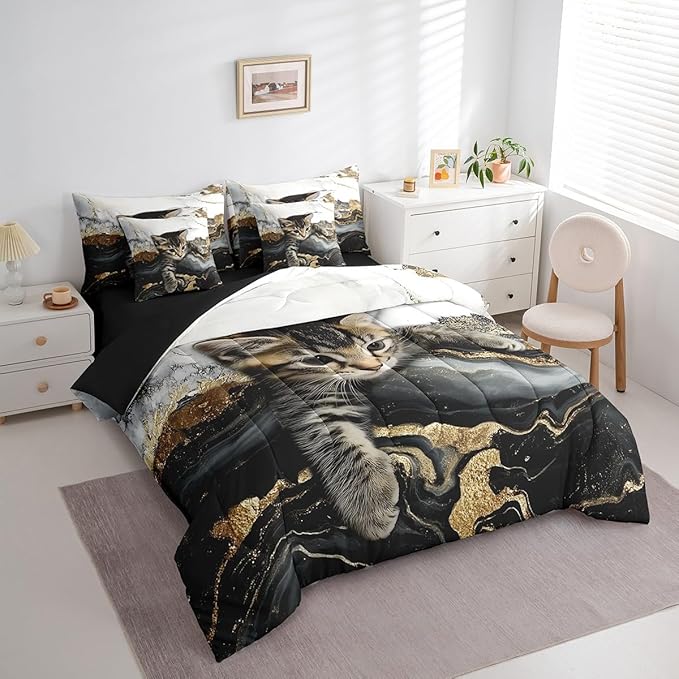 Erosebridal Black and White Bedding Set Watercolor Marble Printed Bed in A Bag for Full Bed, Cute Cat Gold Marbling Comforter Sets with Sheets Burning Mountain Retro Artwork Design Bedding 7 Pieces