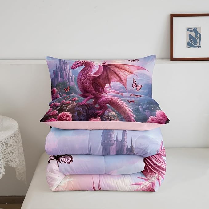 Manfei Western Dragon Kids Toddler Comforter Sets,Pink Flowers Butterfly Reversible Bedding Set for KidsChildren,Princess Castle Animal 2 Pieces Quilt Sets,3D Wildlife Duvet Insert,1 Pillow Case