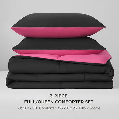 Juicy Couture Reversible Box Stitch Comforter Set, 3-Piece Full/Queen – Hot Pink/Black – Glam Bedding Set