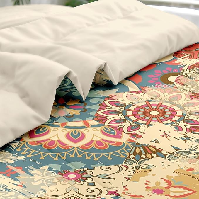 Comforter Set Twin Size, Vintage Colorful Flower 5 Pcs Bedding for Kids and Adults, Floral Retro Beige Bed Sheet Sets with Fitted Sheet Pillowcase & Sham for Bedroom Bed Decor