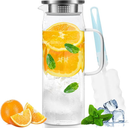 Yirilan Glass Pitcher, 1.5liter Glass Pitcher With Lid, Carafes and Pitchers, Iced Tea Pitcher, Water Carafe With Handle, Heat Resistant Borosilicate Glass Jug, Beverage Pitcher, Tea Jug With Brush