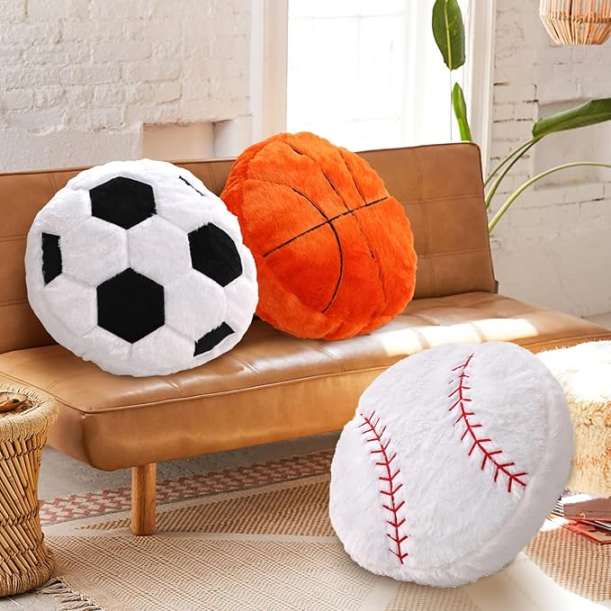 Baseball Pillow, 2 Pcs Baseball Plush Pillow Soft Fluffy Round Stuffed Sports Throw Pillows, Baseball Shaped Decorative Throw Pillow for Sofa, Bedroom, Sports Room, Home Decor Gifts 15.7"