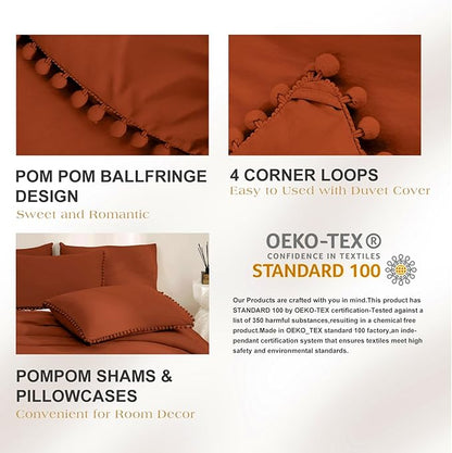 MUKKA King Comforter Set 5-Piece Comforter Terracotta King Size, Boho Pom Pom Fringe Comforter Sets King Size Burnt Orange, Soft Mirofiber Bedding Comforter Sets Rust with 2 Pillowcases,2 Pillowshams