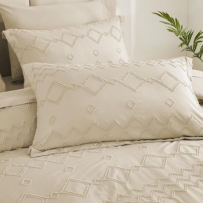 EMME Twin Comforter Set - 5 Pcs Beige Boho Bedding Sets, Tufted Comforter with Sheets, Shabby Chic Embroidery Twin Bed Set Fluffy Bed Bag for All Season(68"X90")
