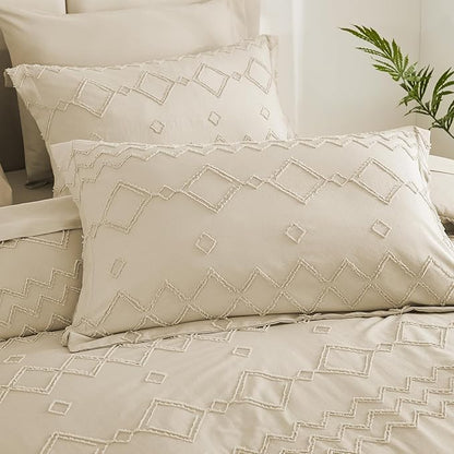 EMME Twin Comforter Set - 5 Pcs Beige Boho Bedding Sets, Tufted Comforter with Sheets, Shabby Chic Embroidery Twin Bed Set Fluffy Bed Bag for All Season(68"X90")