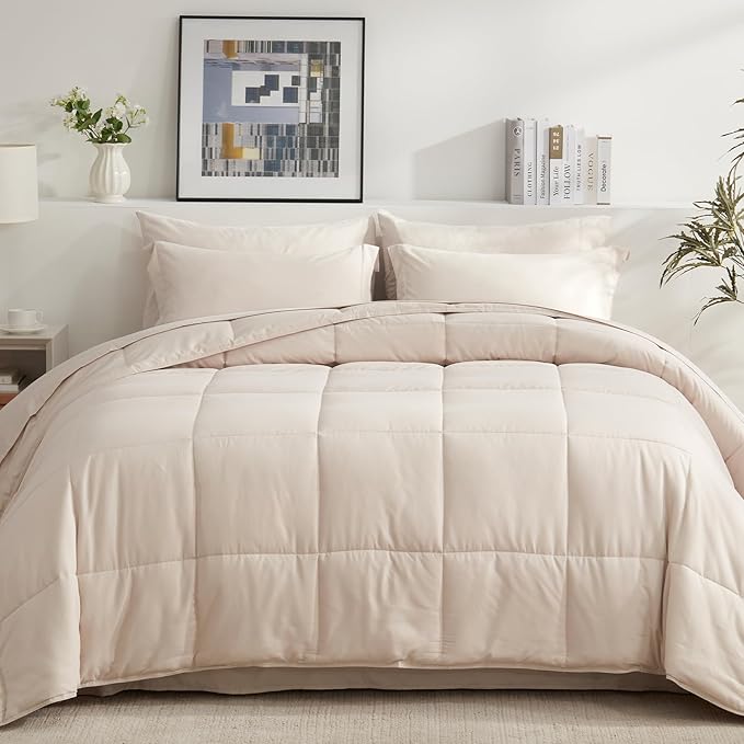 COZYART Queen Comforter Set 7 Pcs, Beige Bed in a Bag, All Season Lightweight Soft Reversible Bedding Set, 1 Comforter, 1 Flat Sheet, 1 Fitted Sheet, 2 Pillow Shams, 2 Pillowcases