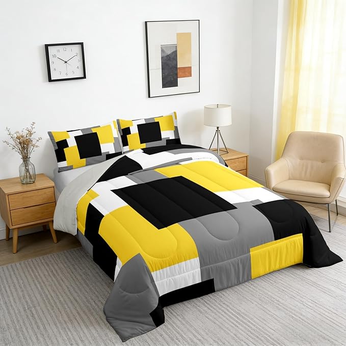 Castle Fairy Yellow Black Grey Comforter Set Toddler Size,Geometric Square Splicing Bedding Set for Kids Teens Bedroom,Modern Abstract Down Comforter,2 Pcs 1 Pillowcase