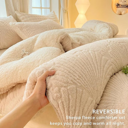 Seashell Jacquard Sherpa Comforter Set Warm Cozy Premium Bedding 2 Pieces, Twin Size Geometric Pattern Quilt Comforter with 1 Pillowcases(68"X90" Ivory White)