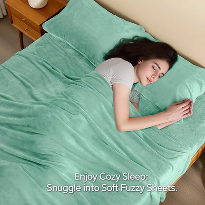 BEDELITE Flannel Sheets Queen Size Haze Blue - Super Soft Fleece Sheets Set Fluffy Extra Plush, 4 Piece(Include Fitted Sheet, Flat Sheet, 2 Pillowcases)