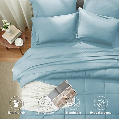 Anluoer Queen Comforter Set 7 Piece, Light Blue Bed in a Bag with Sheets, Comforters Queen Size Bedding Sets with 1 Comforter, 2 Pillow Shams, 2 Pillowcases, 1 Flat Sheet,1 Fitted Sheet