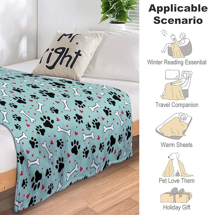Personalized Paw Print Dog Blanket With Pets Name, Custom Pet Name Blanket for Small Medium Large Dogs, Customized Puppy Blanket, Dog Memorial Throw Blanket Gift for Dog Lovers Mom Dad