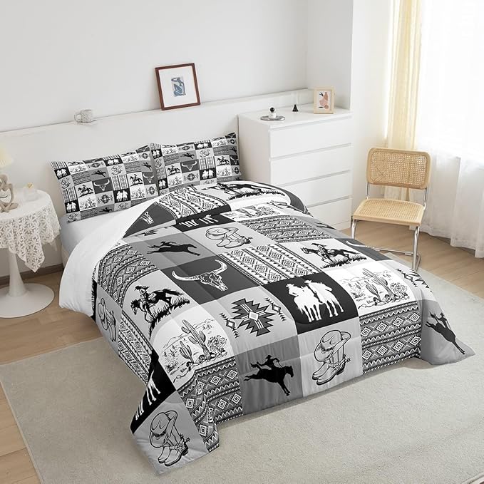 Southwestern Comforter Set,Cowboy Bedding Sets 3Pcs for Boys Girls Adult Room Decor,Aztec Boho Tribal Striped Quilt Set Bull Skull Cowboy Boots Print Black Grey Grid Duvet Insert Queen Size