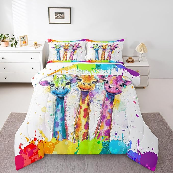 Manfei Watercolor Giraffe Comforter Set for Kids Adults,Rainbow Paint Graffiti African Wildlife Bedding Comforter Sets Full,Hand Drawm Animals Cartoon Quilt Comforter with 2 Pillowcases