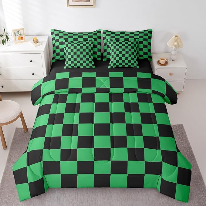 Feelyou Checkered 7 Piece Bedding Set Teen Green Black Plaid Comforter Set with Sheets King Size Kids Boys Cute Retro Neutral Checkerboard Geometric Bed in a Bag Vintage Aesthetic Room Decor