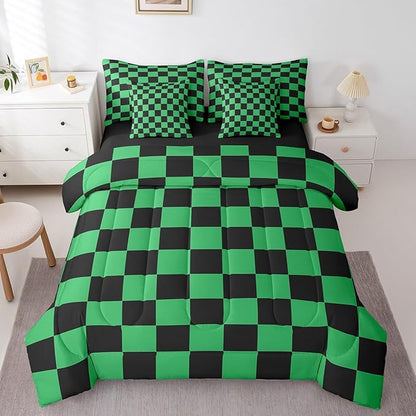 Feelyou Checkered 7 Piece Bedding Set Teen Green Black Plaid Comforter Set with Sheets Queen Size Kids Boys Cute Retro Neutral Checkerboard Geometric Bed in a Bag Vintage Aesthetic Room Decor