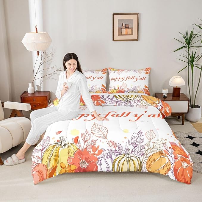Watercolor Fall Pumpkin Comforter Set Twin,Happy Harvest Thanksgiving Theme Bedding Set For Kids Adults,Autumn Maple Leaf Botanical Comforterfall Rustic Farmhouse Bed Set 1 Pillow Case Orange