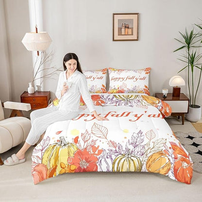 Watercolor Fall Pumpkin Comforter Set King,Happy Harvest Thanksgiving Theme Bedding Set For Kids Adults,Autumn Maple Leaf Botanical Comforterfall Rustic Farmhouse Bed Set 2 Pillow Cases Orange
