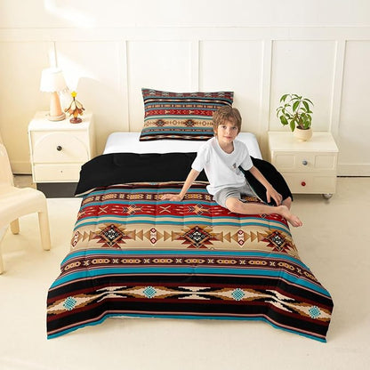 Aztec Bedding Set Ethnic Tribal Arrow Comforter Set,Vintage Southwestern Native Bohemian Quilt Twin,Western Star Duvet Insert Exotic Geometric Diamond Stripes Room Decor,Red Blue Dark Brown