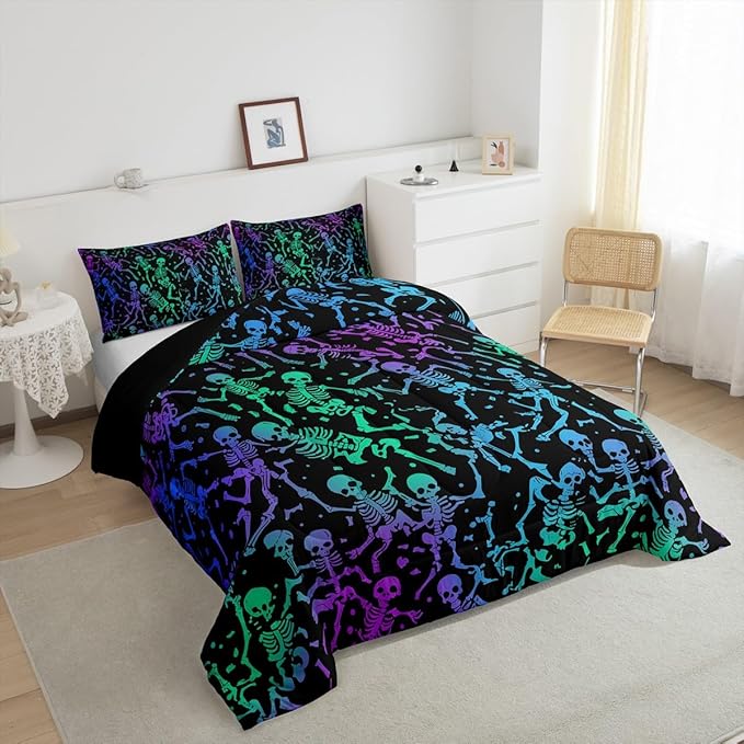 Sugar Skull Comforter Set Halloween Bedding Set Queen Size Green Blue Purple Ombre Down Comforter For Kids Boys Girls Skeleton Bones Quilted Duvet Warm Soft Horror Theme Bedroom Decor 3Pcs