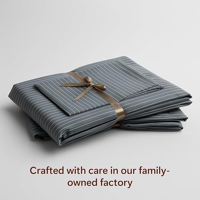 Peru Pima 415 Thread Count Percal California King Sheet Set - 100% Peruvian Pima Cotton, 4 Piece (Flat, Fitted, 2 Pillowcases) - Cooling, Deep Pocket, Hotel Quality Bedding - Pinstripe Grey