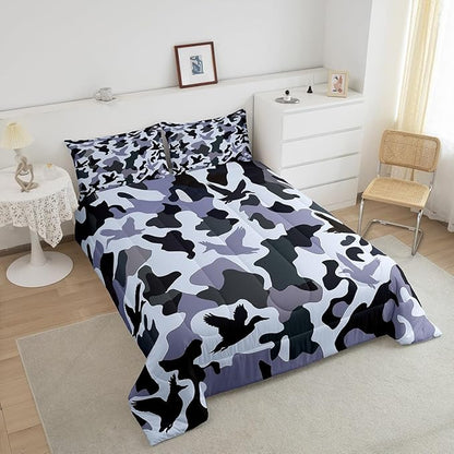 Erosebridal Camouflage Comforter Set King Size Hunting Bedding for Kids Boys Army Duck Hunter Bedding Comforter Sets Vintage Blue Grey Bedroom Decor Wild Animal Duck Farmhouse Duvet Insert