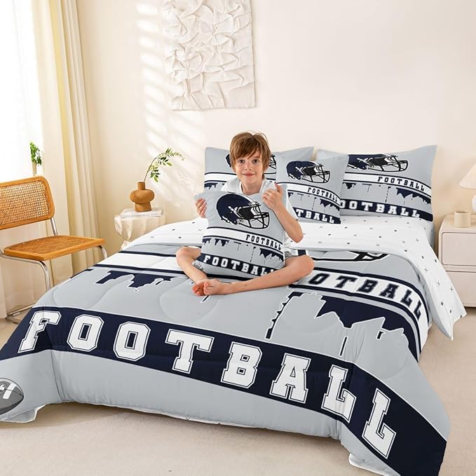 Erosebridal Football 7 Pcs Comforter Set King Football Fans Bedding for Boys Girls Football City Sheet Set Bed in A Bag Grey Rugby Competition Room Decor Sports Ball Game Quilt