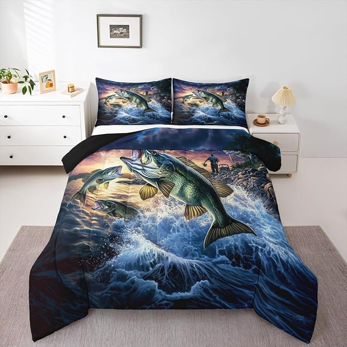 Erosebridal Bass Fishing King Bedding Set - Pike Fish Fisherman Comforter Set for Boys Kids Teen | Lake House Theme Quilt | Rustic Farmhouse Cabin Bedroom Decor with 2 Pillowcases