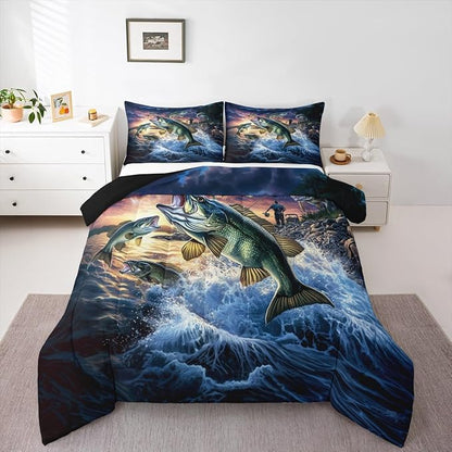Erosebridal Bass Fishing King Bedding Set - Pike Fish Fisherman Comforter Set for Boys Kids Teen | Lake House Theme Quilt | Rustic Farmhouse Cabin Bedroom Decor with 2 Pillowcases