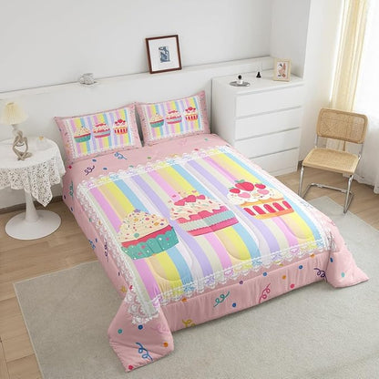 Kawaii Dessert Full Size Comforter Set,Watercolor Cute Cupcake Pattern Reversible Bedding Comforters Bedroom Decor,Dots Sketch Rainbow Stripes Plaid Breathable Polyester Bedding Set