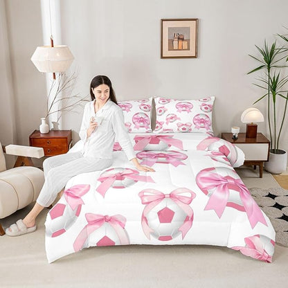 Bowknot Soccer Comforter Sets Full Size,Pink Bow Knot Print Bedding Set 3Pcs for Kids Girls Women Room Decor,Ball Sport Games Theme Quilted Duvet Cute Cartoon Girly Down Comforter,2 Pillowcases