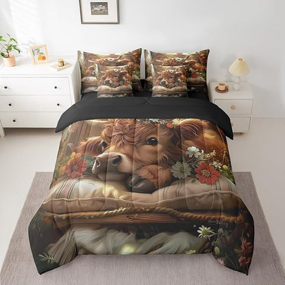 Twin Size Cute Highland Cow Bedding For Kids Funny Cow Calf Comforter Set Western Farm Animal With Daisy Flowers Comforter + Flat Sheet + Fitted Sheet + 2 Pillowcases + 2 Throw Pillow Covers