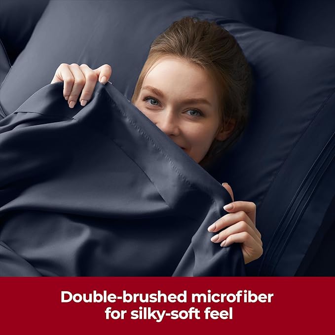Mellanni Extra Deep Twin Sheets - 3 PC Iconic Collection Bedding - Hotel Luxury, Ultra Soft, Cooling Bed Sheets - Wrinkle, Fade, Stain Resistant (Twin, Navy Blue)