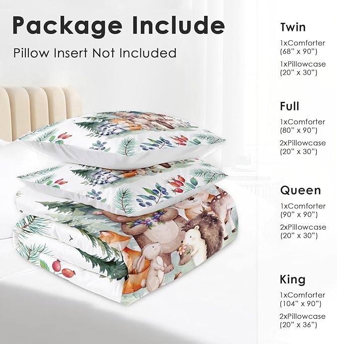 Comforter Set Queen Size, Safari Woodland Animal Bird Soft 3 Pcs Bedding for Kids and Adults, Fox Cute Bear Jungle Comforter Set with Pillowcase, for Bedroom Bed Decor