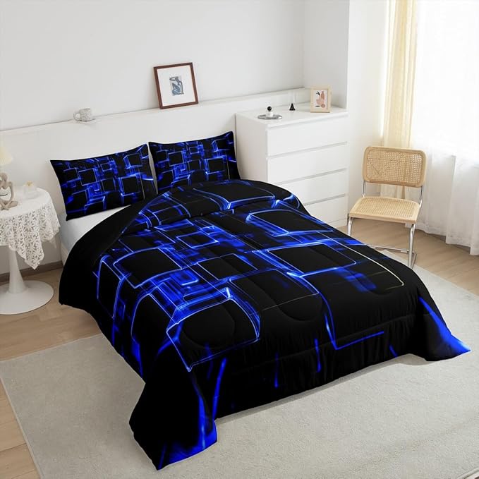 Erosebridal Honeycomb Blue and Black Kids Comforter Set, Modern Geometric Square Bedding for Boys Girls Gradient Neon Light Abstract Duvet Set King 3 Pieces