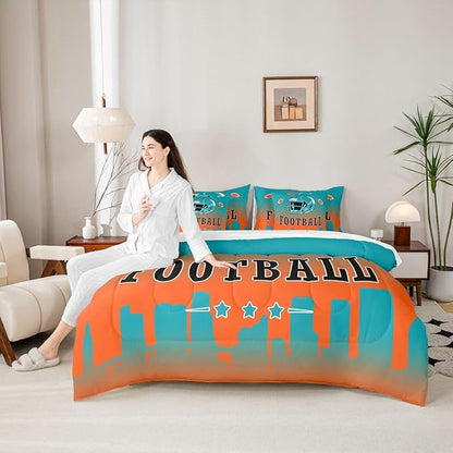 Erosebridal Football City 7 Piece Bedding Set Sports Rugby Full Comforter Set with Sheets for Kids Boys Girls Teen,American Soccer Sports Theme Bed in A Bag Unique City Silhouette Bed Set