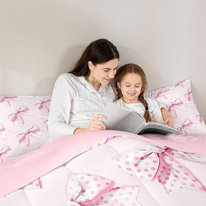 Erosebridal Girls Pink Bow Bedding Set Cute Dot Bowknot Comforter Set King Size for Kids Teen Women,Dreamy Princess Style Bedding Comforter Set Kawaii Cartoon Butterfly Knot Quilt 2 Pillow Cases